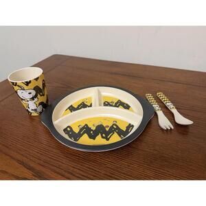 2021 Peanuts " Charlie Brown" “Snoopy” Plate / Dish, Utensils, Cup 4 Piece Set